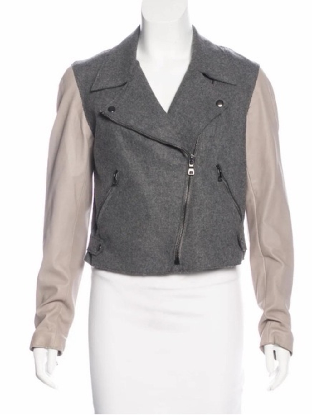 Sachin + Babi Gray Wool Moto Jacket with Beige Leather Sleeves